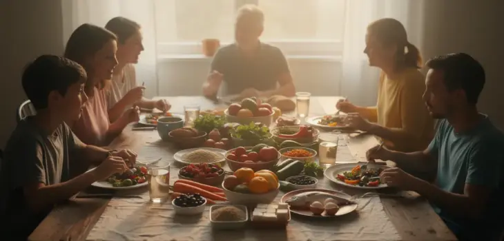scène de rééquilibrage alimentaire en famille