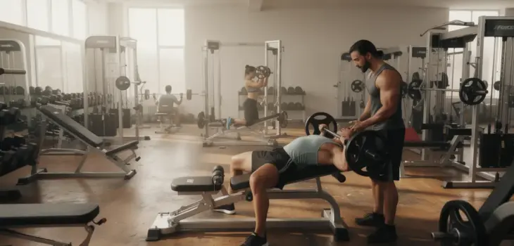 Spotter aide au développé couché en salle de musculation