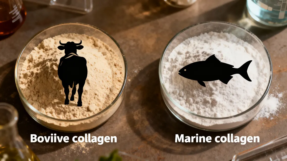 Collagène bovin et marin Vital Proteins poudres et silhouettes laboratoire
