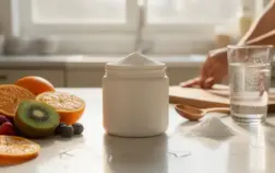 Pot de collagène Vital Proteins en poudre sur table lumineuse avec fruits