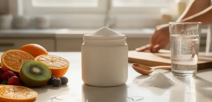 Pot de collagène Vital Proteins en poudre sur table lumineuse avec fruits