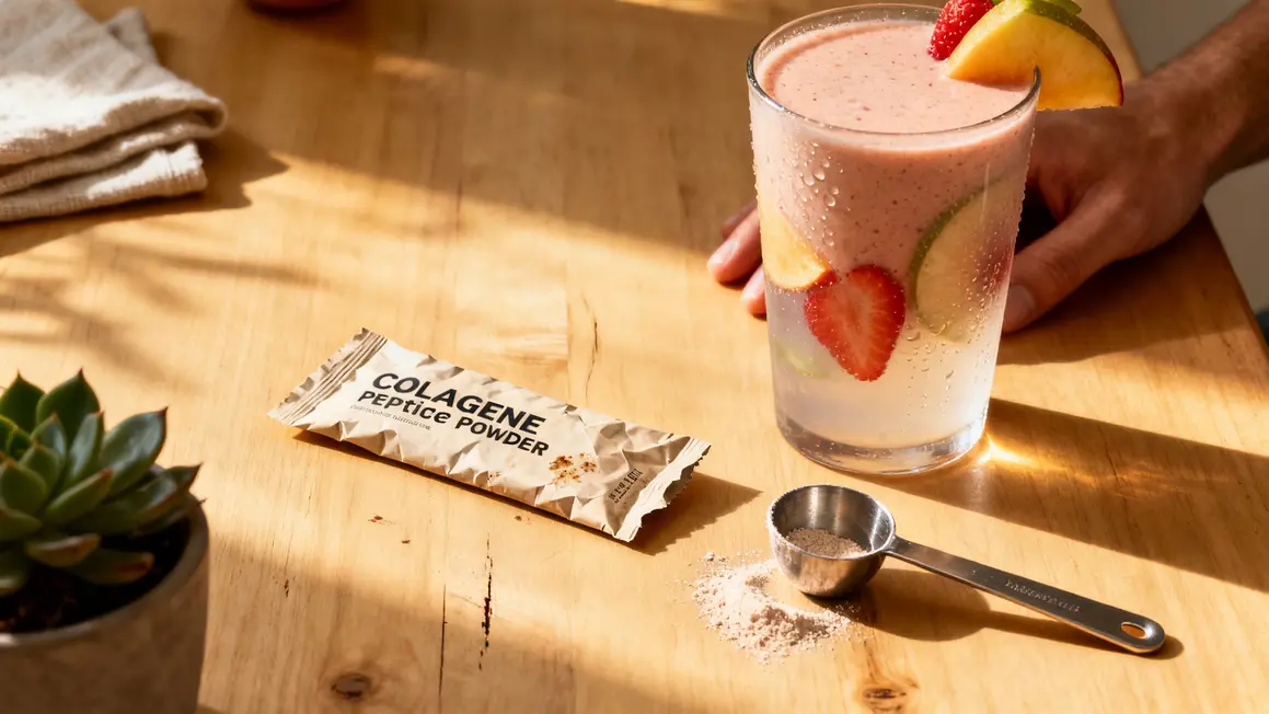 Sachet peptides collagène Vital Proteins avec smoothie et cuillère doseuse