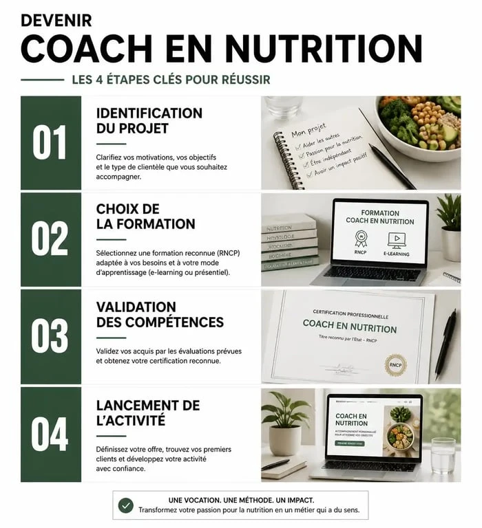 Infographie des étapes pour devenir coach en nutrition et choisir sa formation
