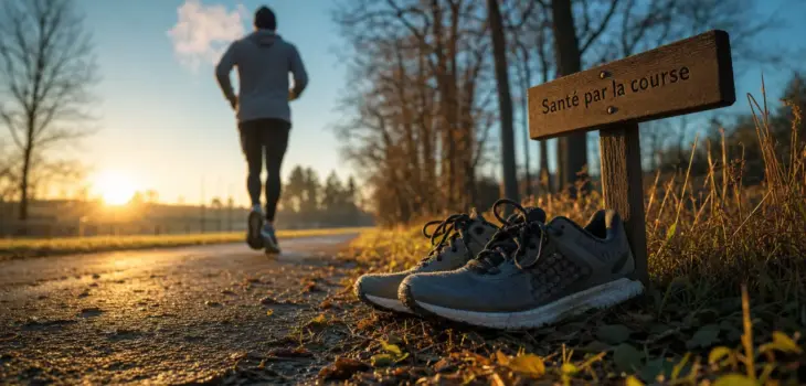 Chaussures et coureur sur sentier humide : bienfaits de la course a pied pour le cœur et le mental