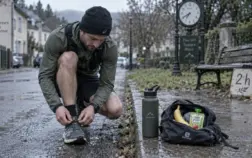 Courir avant ou apres manger : coureur attache ses lacets, banane et compote avant la sortie