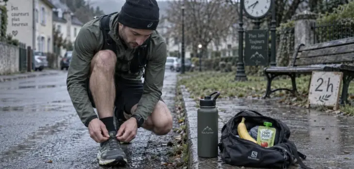 Courir avant ou apres manger : coureur attache ses lacets, banane et compote avant la sortie