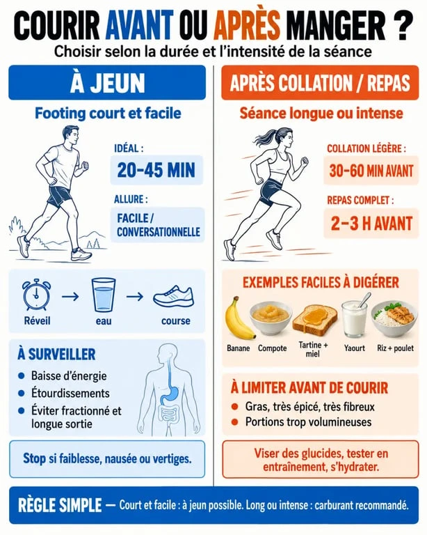 Infographie comparative courir avant ou après manger selon l’intensité de la séance