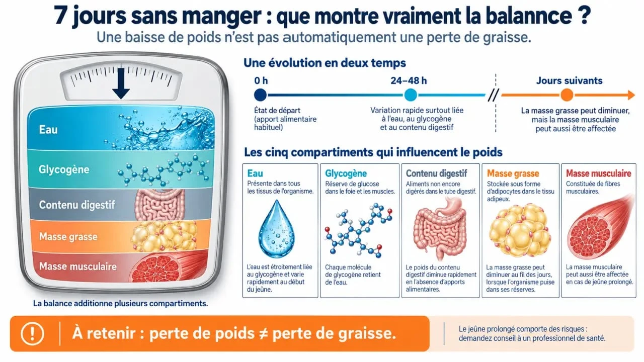 Infographie expliquant ne pas manger pendant 7 jours combien de kilos perdus et la différence entre eau, glycogène, graisse et muscle