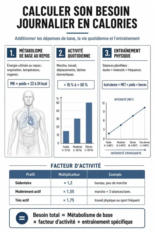 Besoin journalier calories calcul : infographie sur le métabolisme de base, l’activité quotidienne et la dépense énergétique totale