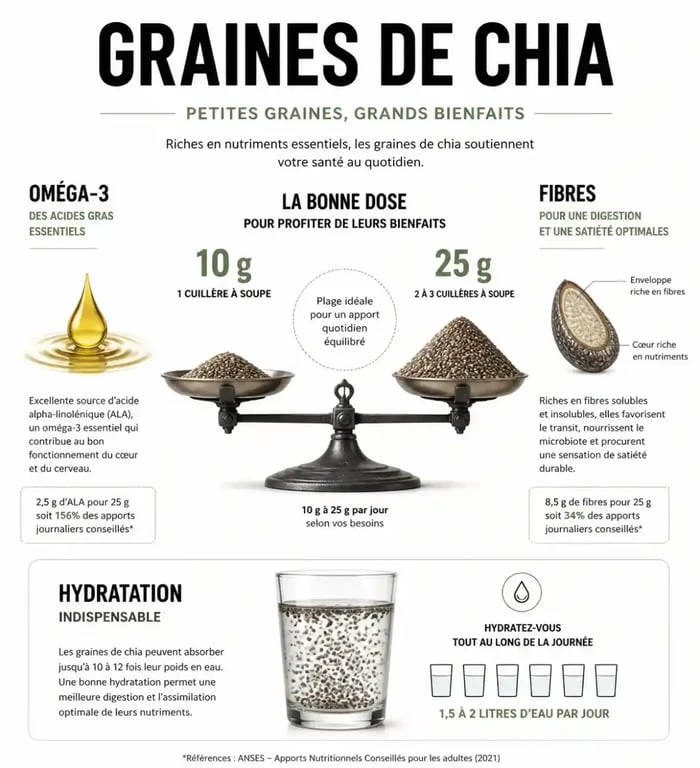 Infographie sur la quantité de graines de chia par jour recommandée pour une santé optimale