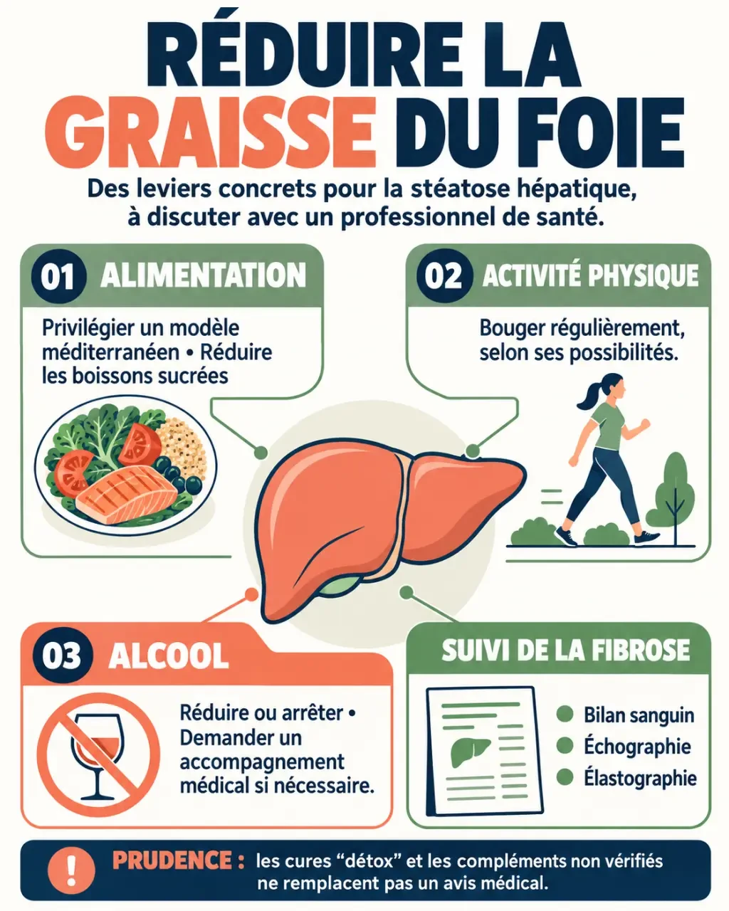 Infographie sur comment éliminer la graisse du foie grâce à l’alimentation, l’activité physique et le suivi médical